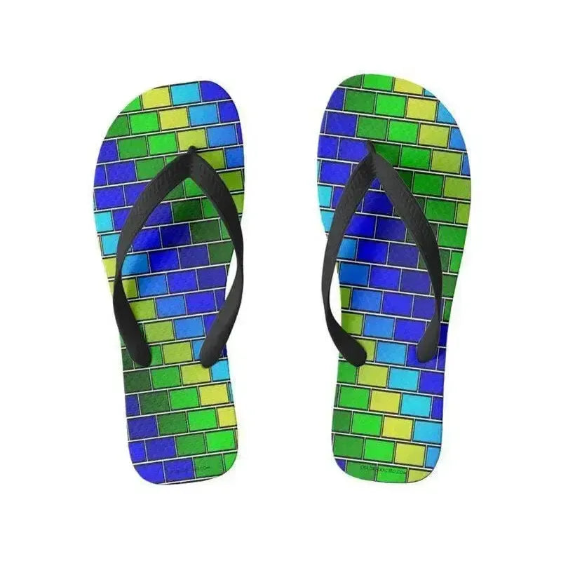 Flip Flops-BRICK WALL #2 Wide-Strap Flip Flops-Blues & Greens-from COLORADDICTED.COM-