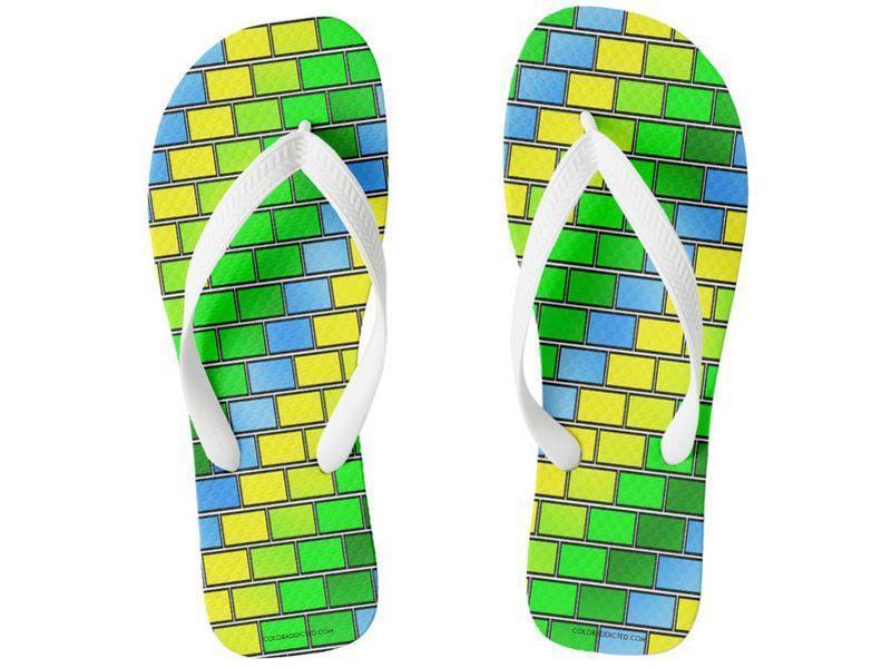 Flip Flops-BRICK WALL #2 Wide-Strap Flip Flops-Greens &amp; Yellows &amp; Light Blues-from COLORADDICTED.COM-