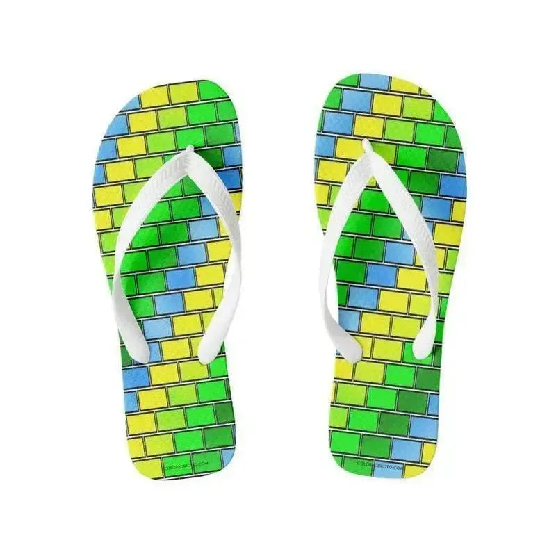 Flip Flops-BRICK WALL #2 Wide-Strap Flip Flops-Greens & Yellows & Light Blues-from COLORADDICTED.COM-