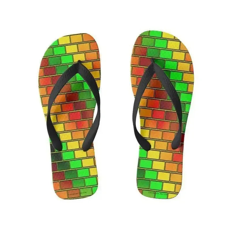 Flip Flops-BRICK WALL #2 Wide-Strap Flip Flops-Reds & Oranges & Yellows & Greens-from COLORADDICTED.COM-