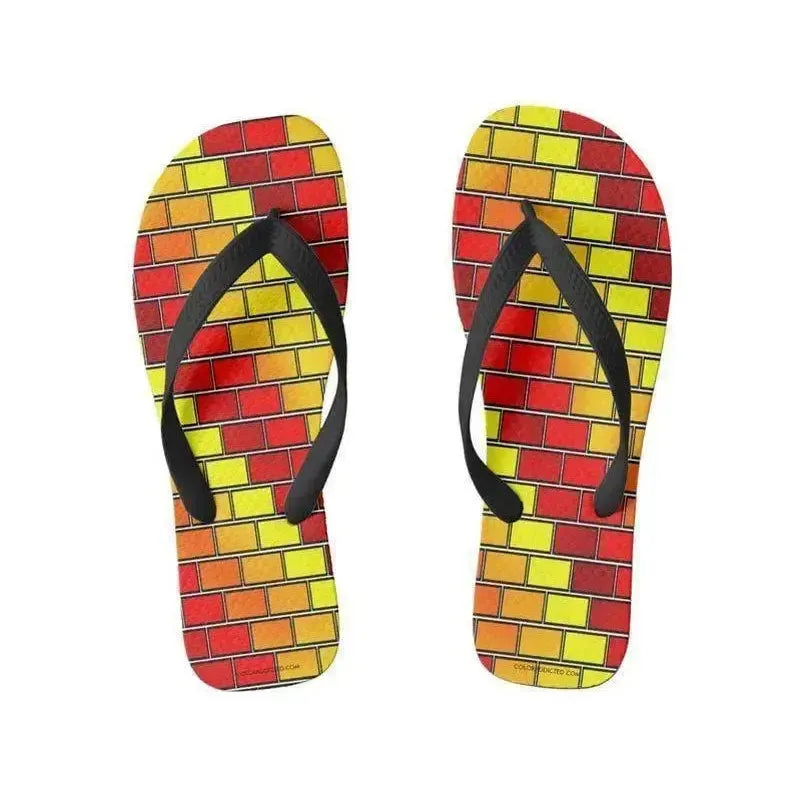 Flip Flops-BRICK WALL #2 Wide-Strap Flip Flops-Reds & Oranges & Yellows-from COLORADDICTED.COM-