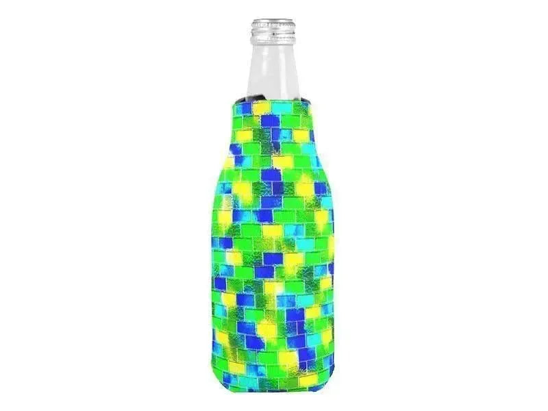 Bottle Cooler Sleeves – Bottle Koozies-BRICK WALL SMUDGED Bottle Cooler Sleeves – Bottle Koozies-Blues & Greens & Yellows-from COLORADDICTED.COM-
