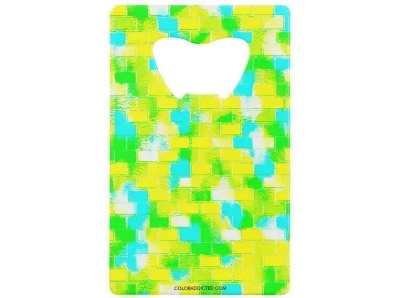 Credit Card Bottle Openers-BRICK WALL SMUDGED Credit Card Bottle Openers-Greens, Yellows & Light Blues-from COLORADDICTED.COM-