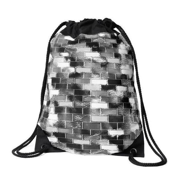 Drawstring Bags-BRICK WALL SMUDGED Drawstring Bags-Black & Grays & White-from COLORADDICTED.COM-