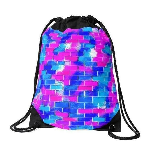 Drawstring Bags-BRICK WALL SMUDGED Drawstring Bags-Blues & Fuchsias-from COLORADDICTED.COM-