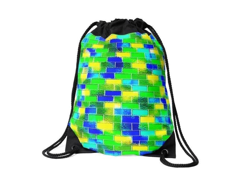 Drawstring Bags-BRICK WALL SMUDGED Drawstring Bags-Blues &amp; Greens &amp; Yellows-from COLORADDICTED.COM-