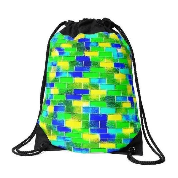 Drawstring Bags-BRICK WALL SMUDGED Drawstring Bags-Blues & Greens & Yellows-from COLORADDICTED.COM-