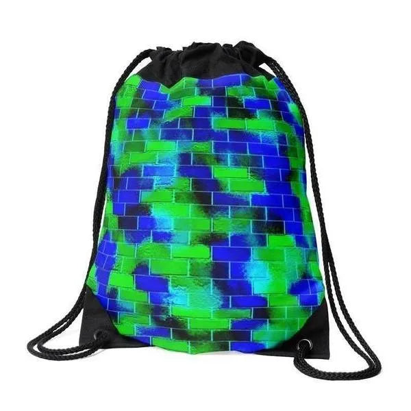 Drawstring Bags-BRICK WALL SMUDGED Drawstring Bags-Blues & Greens-from COLORADDICTED.COM-