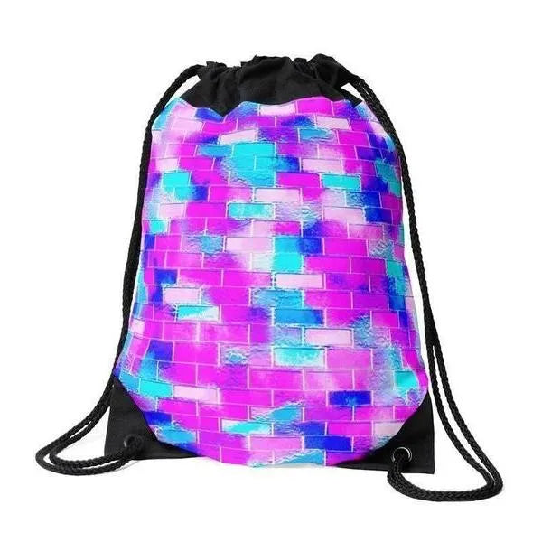 Drawstring Bags-BRICK WALL SMUDGED Drawstring Bags-Blues & Purples & Fuchsias & Pinks-from COLORADDICTED.COM-