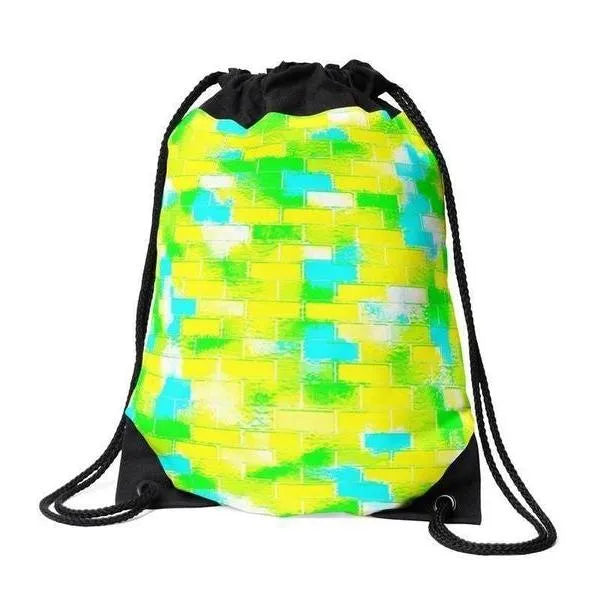 Drawstring Bags-BRICK WALL SMUDGED Drawstring Bags-Greens & Yellows & Light Blues-from COLORADDICTED.COM-