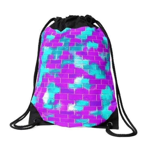 Drawstring Bags-BRICK WALL SMUDGED Drawstring Bags-Purples & Violets & Turquoises-from COLORADDICTED.COM-