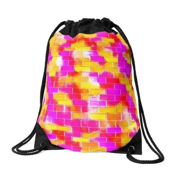 Drawstring Bags-BRICK WALL SMUDGED Drawstring Bags-Reds & Oranges & Yellows & Fuchsias-from COLORADDICTED.COM-