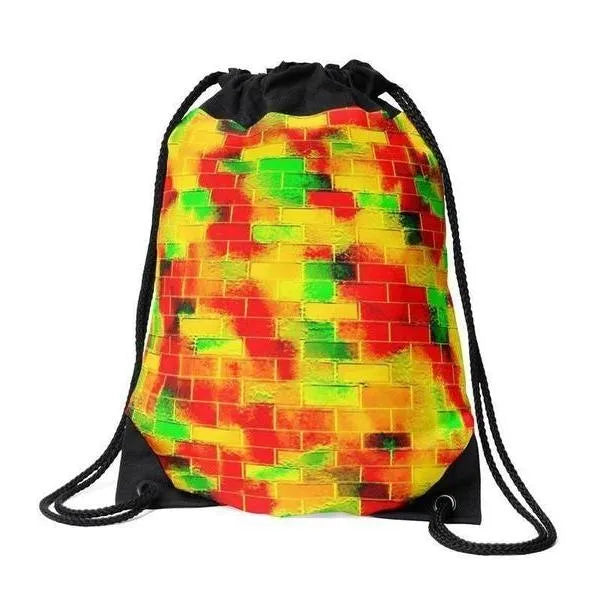 Drawstring Bags-BRICK WALL SMUDGED Drawstring Bags-Reds & Oranges & Yellows & Greens-from COLORADDICTED.COM-