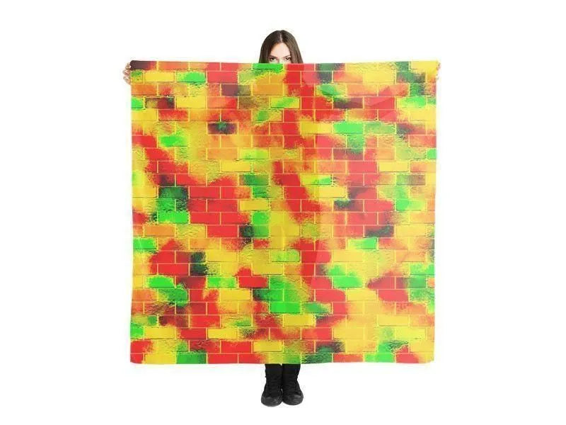 Large Square Scarves & Shawls-BRICK WALL SMUDGED Large Square Scarves & Shawls-Reds & Oranges & Yellows & Greens-from COLORADDICTED.COM-