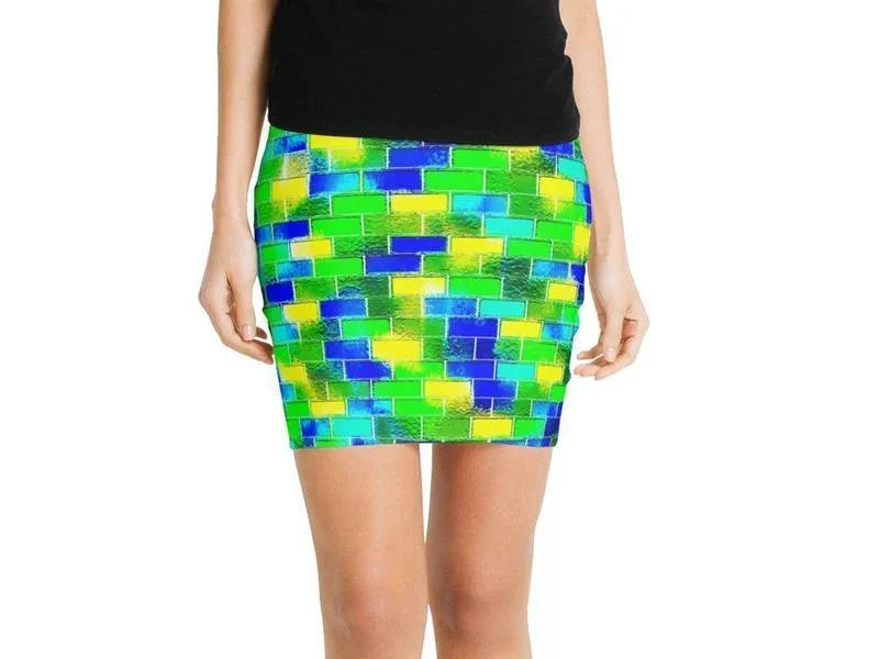 Mini Pencil Skirts-BRICK WALL SMUDGED Mini Pencil Skirts-Blues & Greens & Yellows-from COLORADDICTED.COM-