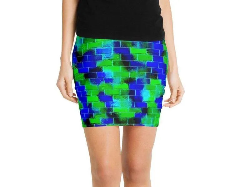 Mini Pencil Skirts-BRICK WALL SMUDGED Mini Pencil Skirts-Blues & Greens-from COLORADDICTED.COM-
