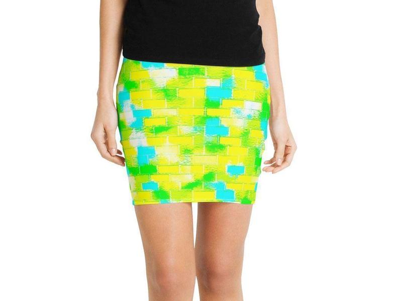 Mini Pencil Skirts-BRICK WALL SMUDGED Mini Pencil Skirts-Greens &amp; Yellows &amp; Light Blues-from COLORADDICTED.COM-
