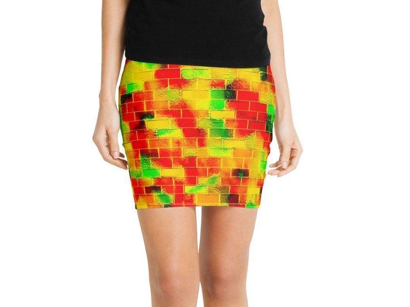 Mini Pencil Skirts-BRICK WALL SMUDGED Mini Pencil Skirts-Reds &amp; Oranges &amp; Yellows &amp; Greens-from COLORADDICTED.COM-