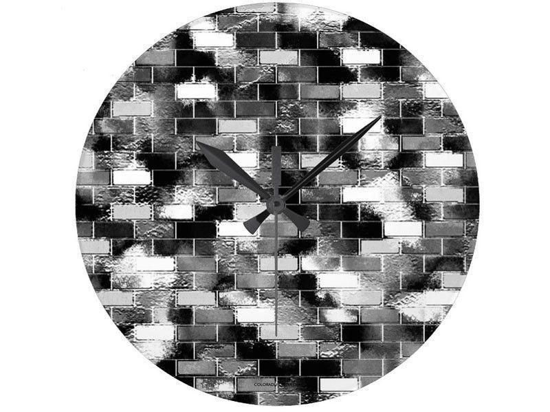 Wall Clocks-BRICK WALL SMUDGED Round Wall Clocks-Black, Grays & White-from COLORADDICTED.COM-