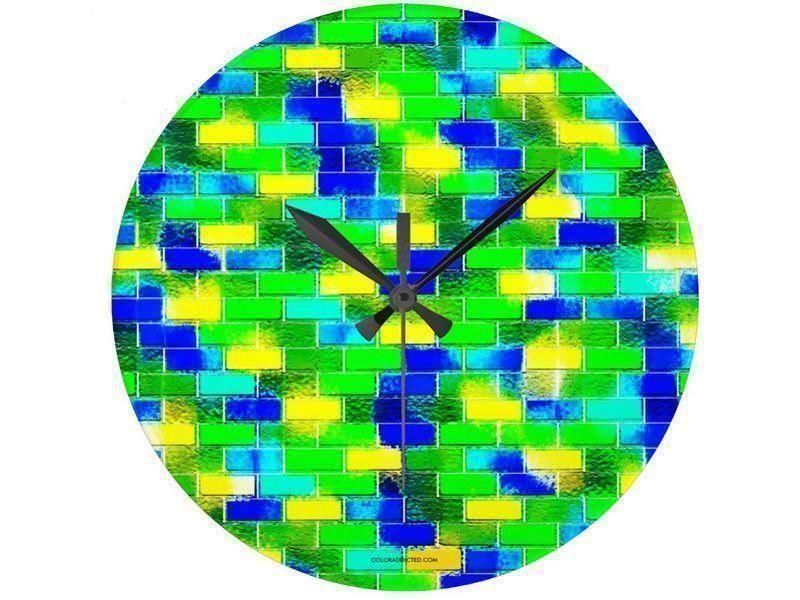 Wall Clocks-BRICK WALL SMUDGED Round Wall Clocks-Blues, Greens &amp; Yellows-from COLORADDICTED.COM-