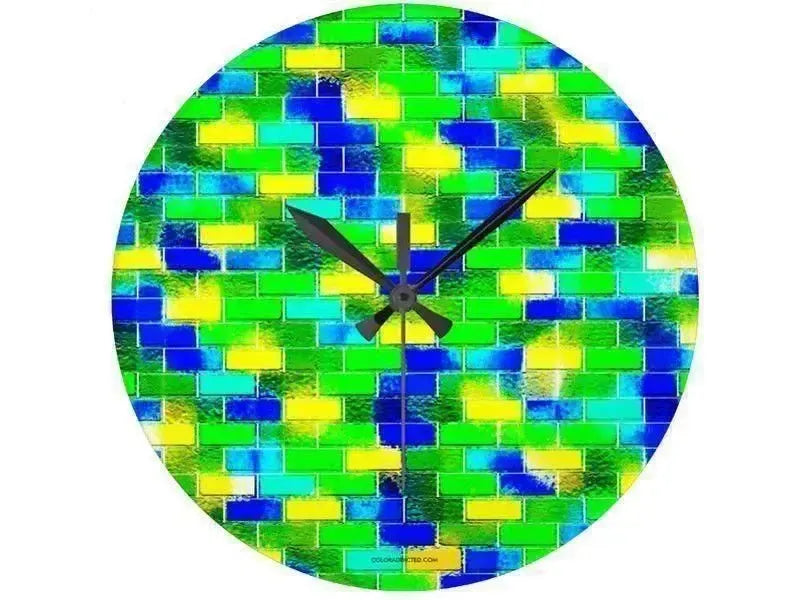 Wall Clocks-BRICK WALL SMUDGED Round Wall Clocks-Blues, Greens & Yellows-from COLORADDICTED.COM-
