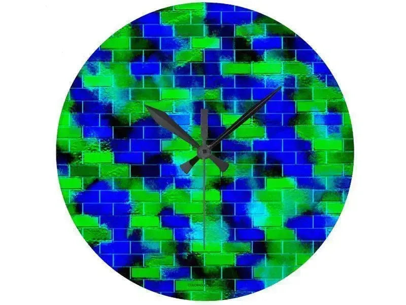 Wall Clocks-BRICK WALL SMUDGED Round Wall Clocks-Blues & Greens-from COLORADDICTED.COM-