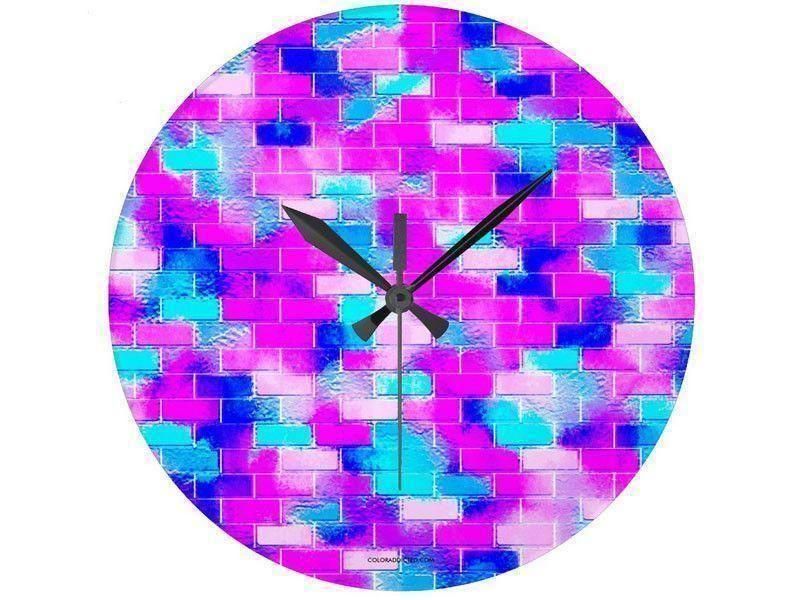 Wall Clocks-BRICK WALL SMUDGED Round Wall Clocks-Blues, Purples, Fuchsias &amp; Pinks-from COLORADDICTED.COM-