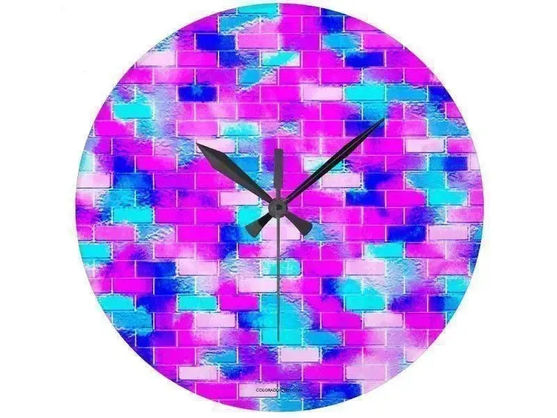 Wall Clocks-BRICK WALL SMUDGED Round Wall Clocks-Blues, Purples, Fuchsias & Pinks-from COLORADDICTED.COM-