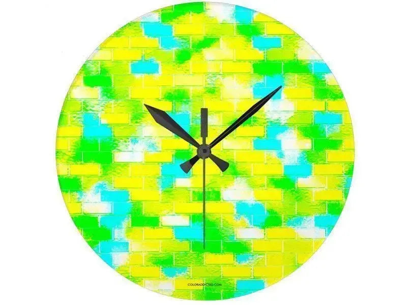 Wall Clocks-BRICK WALL SMUDGED Round Wall Clocks-Greens, Yellows & Light Blues-from COLORADDICTED.COM-