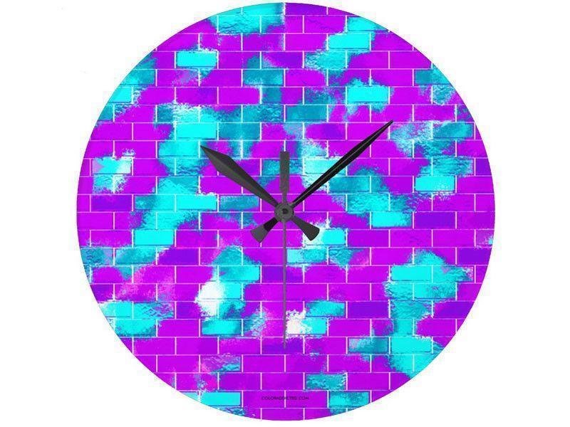 Wall Clocks-BRICK WALL SMUDGED Round Wall Clocks-Purples, Violets &amp; Turquoises-from COLORADDICTED.COM-