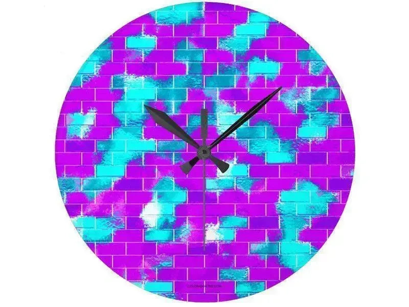 Wall Clocks-BRICK WALL SMUDGED Round Wall Clocks-Purples, Violets & Turquoises-from COLORADDICTED.COM-