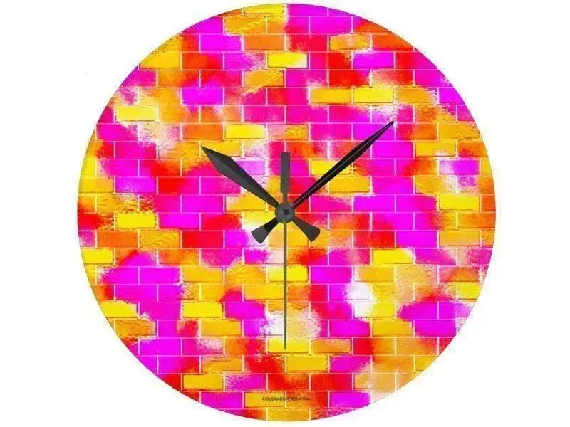 Wall Clocks-BRICK WALL SMUDGED Round Wall Clocks-Reds, Oranges, Yellows & Fuchsias-from COLORADDICTED.COM-