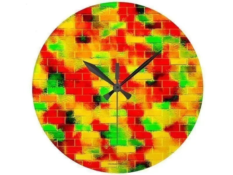 Wall Clocks-BRICK WALL SMUDGED Round Wall Clocks-Reds, Oranges, Yellows & Greens-from COLORADDICTED.COM-
