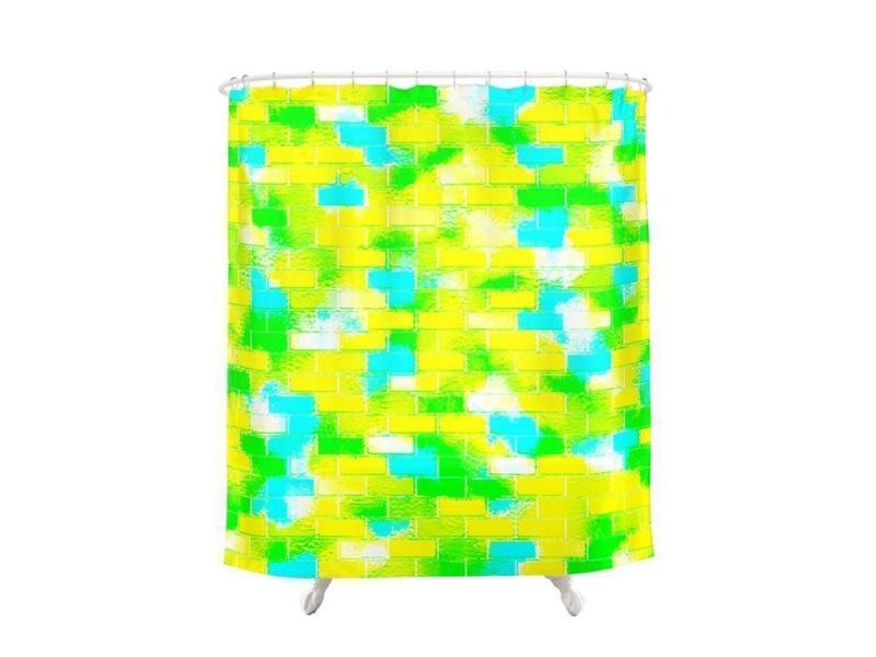 Shower Curtains-BRICK WALL SMUDGED Shower Curtains-Greens, Yellows &amp; Light Blues-from COLORADDICTED.COM-