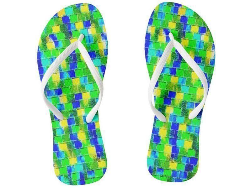 Flip Flops-BRICK WALL SMUDGED Slim-Strap Flip Flops-Blues &amp; Greens &amp; Yellows-from COLORADDICTED.COM-