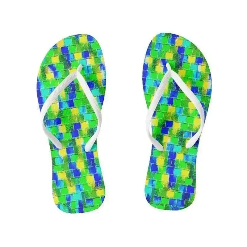 Flip Flops-BRICK WALL SMUDGED Slim-Strap Flip Flops-Blues & Greens & Yellows-from COLORADDICTED.COM-