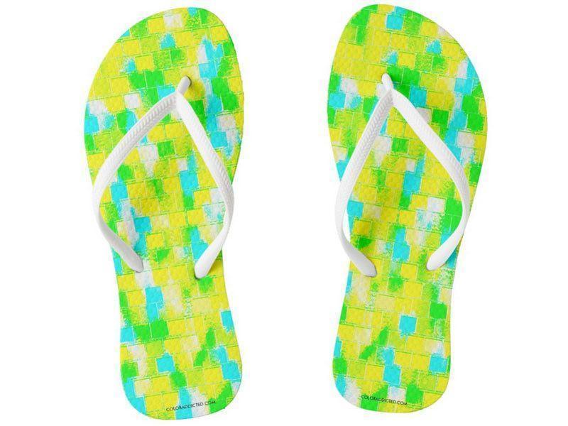 Flip Flops-BRICK WALL SMUDGED Slim-Strap Flip Flops-Greens &amp; Yellows &amp; Light Blues-from COLORADDICTED.COM-
