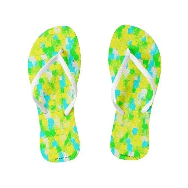 Flip Flops-BRICK WALL SMUDGED Slim-Strap Flip Flops-Greens & Yellows & Light Blues-from COLORADDICTED.COM-