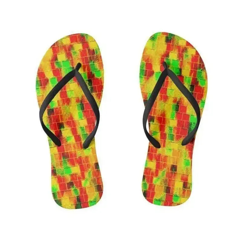 Flip Flops-BRICK WALL SMUDGED Slim-Strap Flip Flops-Reds & Oranges & Yellows & Greens-from COLORADDICTED.COM-
