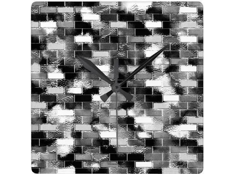 Wall Clocks-BRICK WALL SMUDGED Square Wall Clocks-Black, Grays & White-from COLORADDICTED.COM-