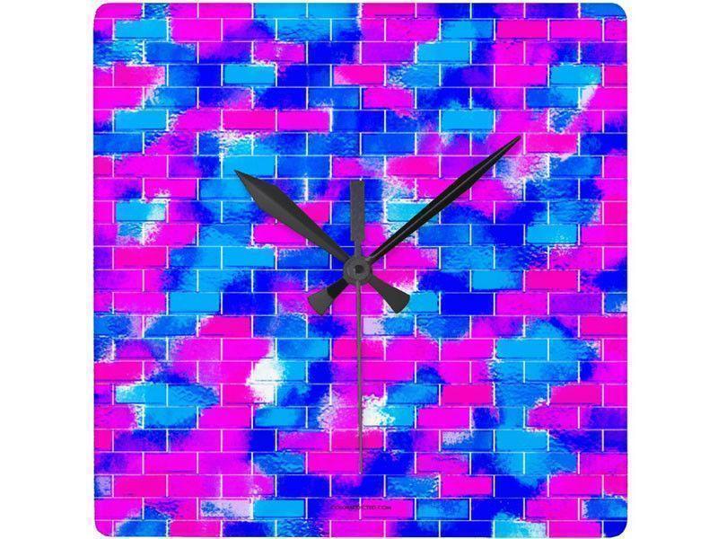 Wall Clocks-BRICK WALL SMUDGED Square Wall Clocks-Blues &amp; Fuchsias-from COLORADDICTED.COM-
