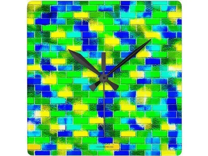 Wall Clocks-BRICK WALL SMUDGED Square Wall Clocks-Blues, Greens & Yellows-from COLORADDICTED.COM-