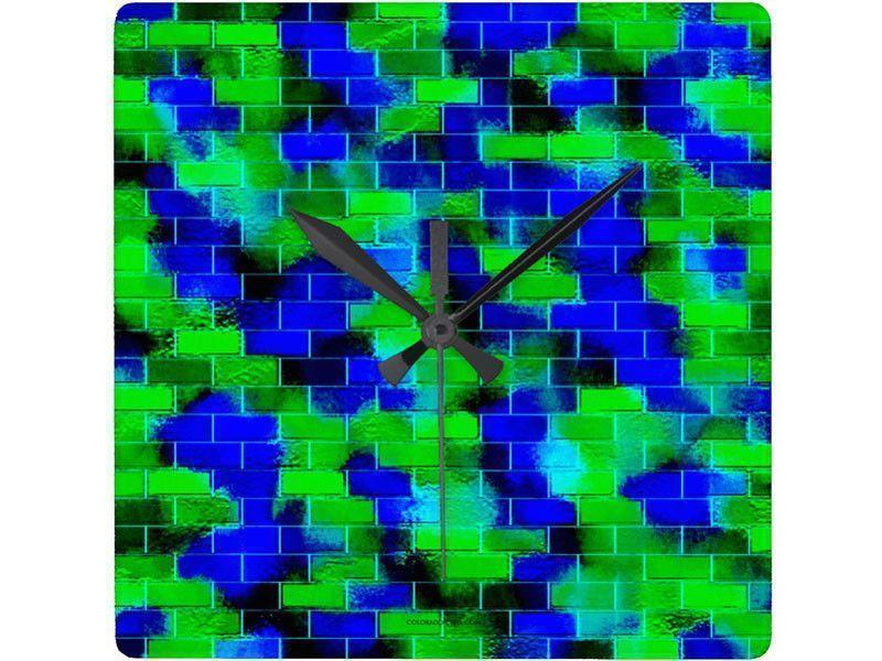 Wall Clocks-BRICK WALL SMUDGED Square Wall Clocks-Blues &amp; Greens-from COLORADDICTED.COM-