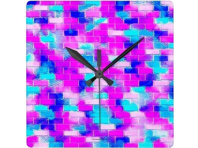 Wall Clocks-BRICK WALL SMUDGED Square Wall Clocks-Blues, Purples, Fuchsias & Pinks-from COLORADDICTED.COM-