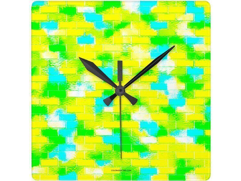 Wall Clocks-BRICK WALL SMUDGED Square Wall Clocks-Greens, Yellows &amp; Light Blues-from COLORADDICTED.COM-