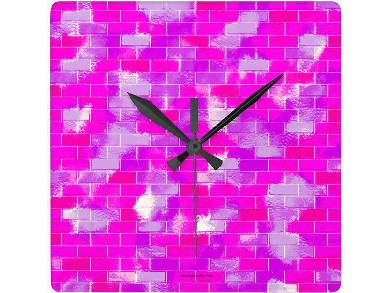 Wall Clocks-BRICK WALL SMUDGED Square Wall Clocks-Purples, Violets &amp; Fuchsias-from COLORADDICTED.COM-