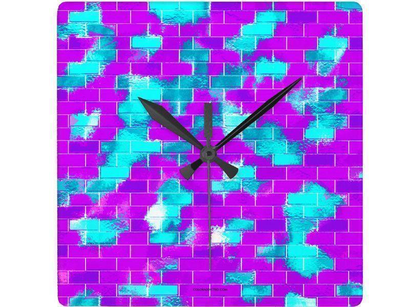 Wall Clocks-BRICK WALL SMUDGED Square Wall Clocks-Purples, Violets &amp; Turquoises-from COLORADDICTED.COM-