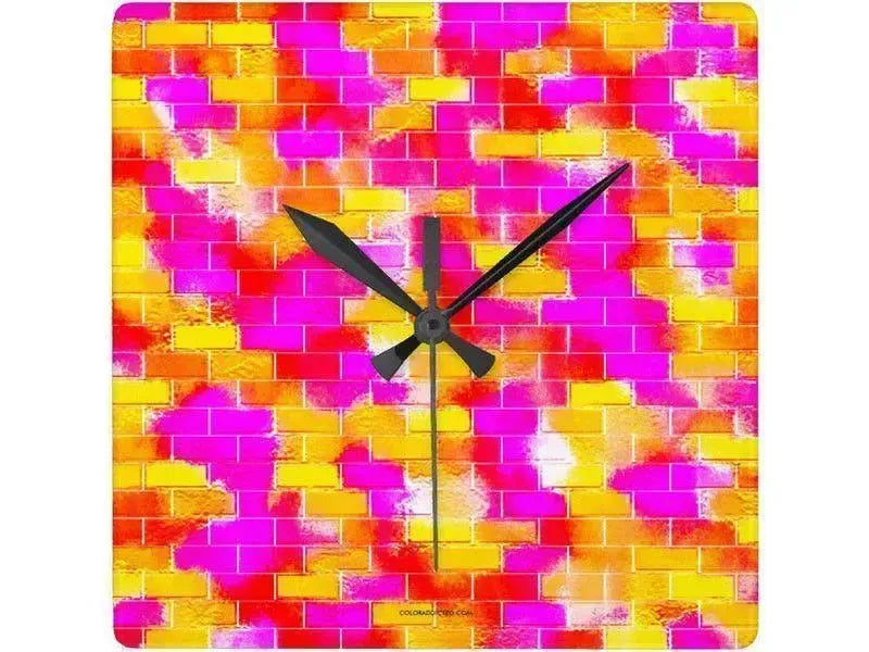 Wall Clocks-BRICK WALL SMUDGED Square Wall Clocks-Reds, Oranges, Yellows & Fuchsias-from COLORADDICTED.COM-
