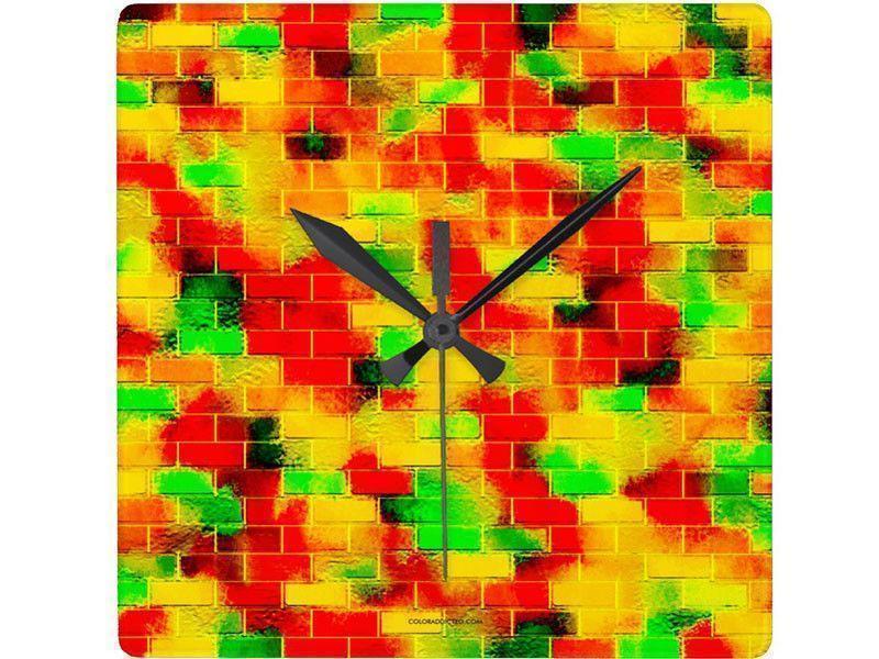 Wall Clocks-BRICK WALL SMUDGED Square Wall Clocks-Reds, Oranges, Yellows &amp; Greens-from COLORADDICTED.COM-