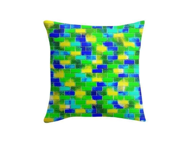 Throw Pillows &amp; Throw Pillow Cases-BRICK WALL SMUDGED Throw Pillows &amp; Throw Pillow Cases-Blues &amp; Greens &amp; Yellows-from COLORADDICTED.COM-